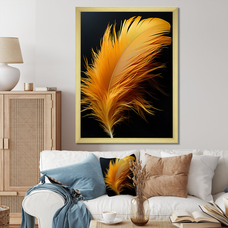 Plume orange élégante sur toile, Encadrement doré, H 20 po x l 12 po x P 1 po