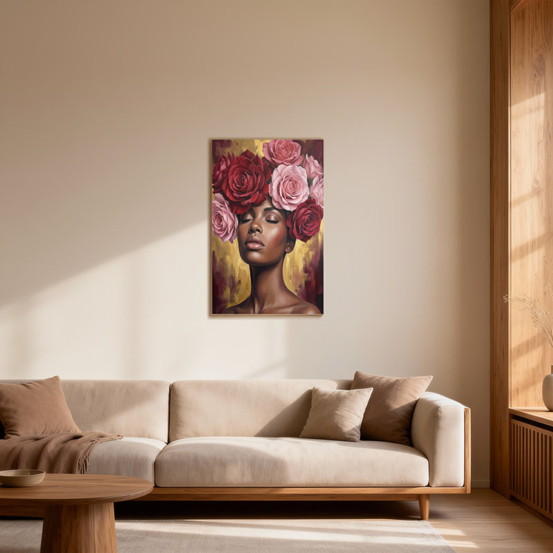 Plantes et fleurs, belle femme avec des roses sur la tête, H 32 po x l 48 po