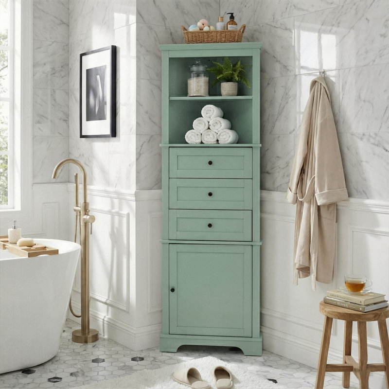 Armoire de rangement de 69 po de hauteur avec 3 tiroirs et tablettes réglables, tour de linge de salle de bain triangulaire autoportante (vert / blanc / noir)