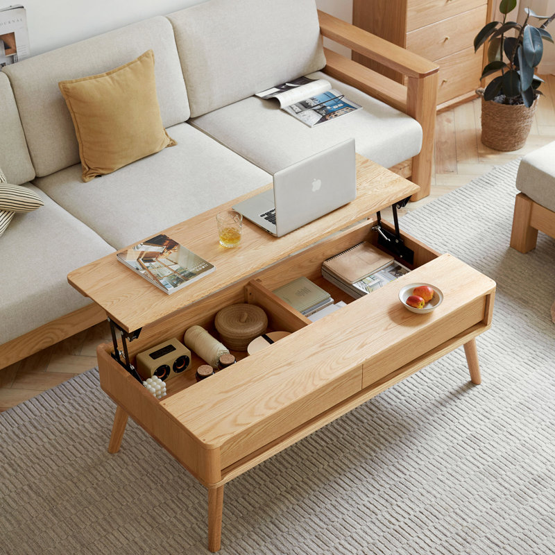 Table basse 100% bois massif, conception relevable, H 17,79 po x L 39,44 po x l 23,69 po, Chêne