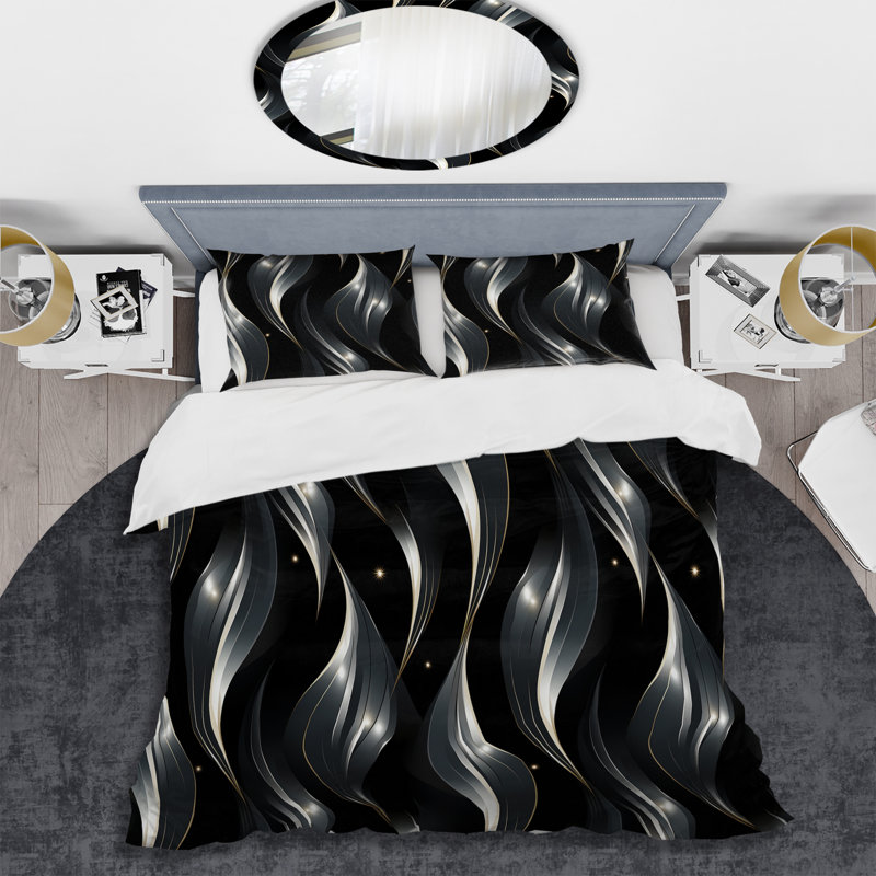 Ensemble de housse de couette abstrait - noir profond argenté Elegance IV, Housse de couette pour très grand lit et 2 très