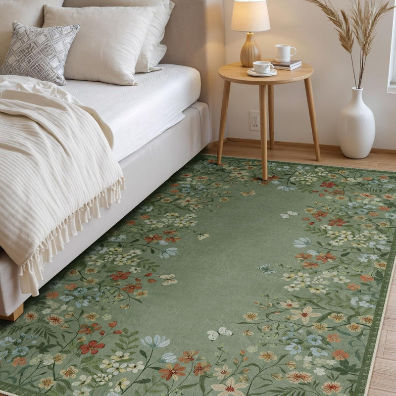 Floral Butterfly Rug 5' x 7' for Bedroom Nursery, Green Multicolor