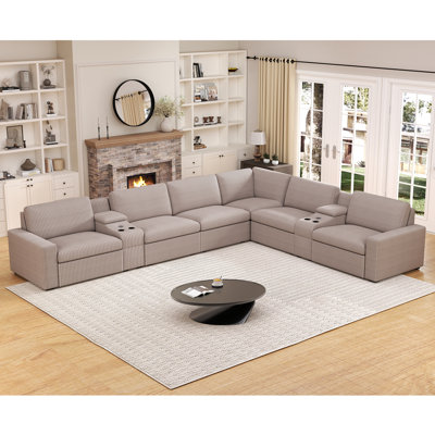 8 Piece Modern Corduroy L Shaped Power Reclining Sectional Couch With Storage & Wireless Charging