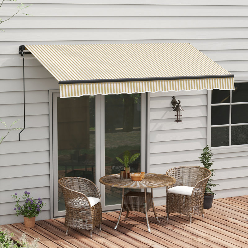 12' X 10' Retractable Balcony Awning, Patio Sunshade With Manual Crank Handle, 280gsm Fabric, Solid Aluminum Frame, Beige For Deck & Yard Awning 10', Sun Shelter Control, Protected Robust