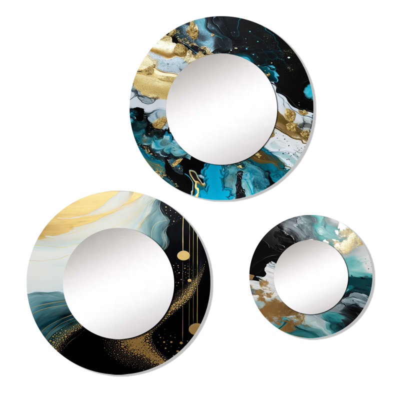 Elissia - Ensemble de 3 miroirs ronds sur décor abstrait en métal brillant