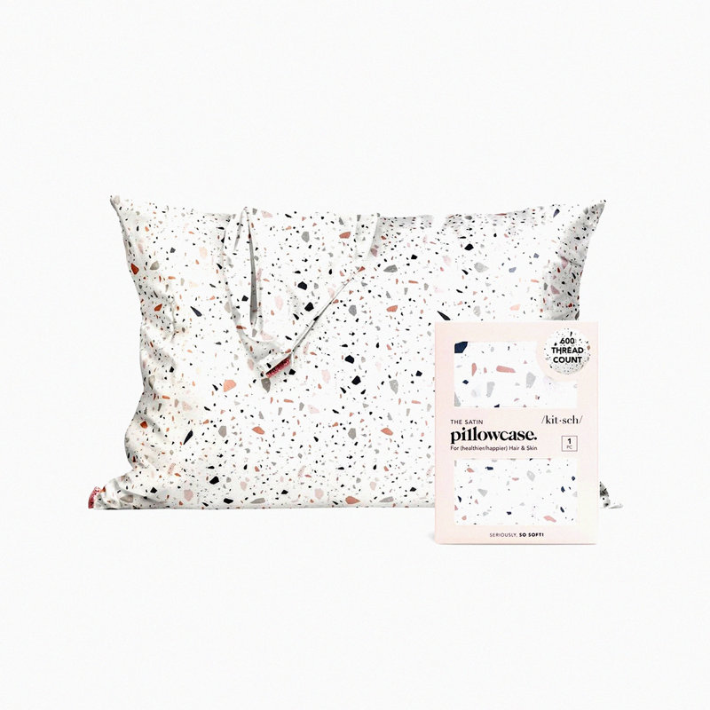 CoolSilk Hair Pillowcase - Soft Cooling Pillow Cover with Zipper, Standard Size White Terrazzo Design - Perfect Gift