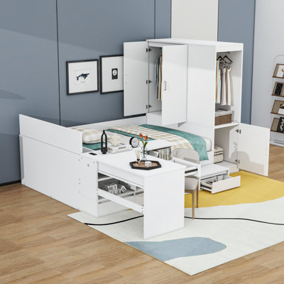 Lit plateforme double avec tiroirs, tablettes, bureau et garde-robe