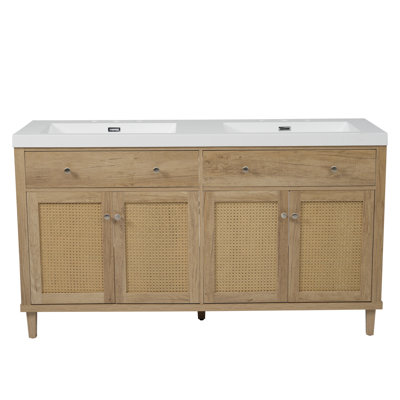 Meuble-lavabo double 60 po avec rangement et pieds en bois de pin 60 po