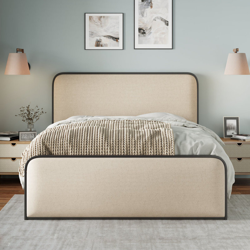 Modern Metal Bed Frame With Upholstered Headboard And Footboard, King, Beige, No