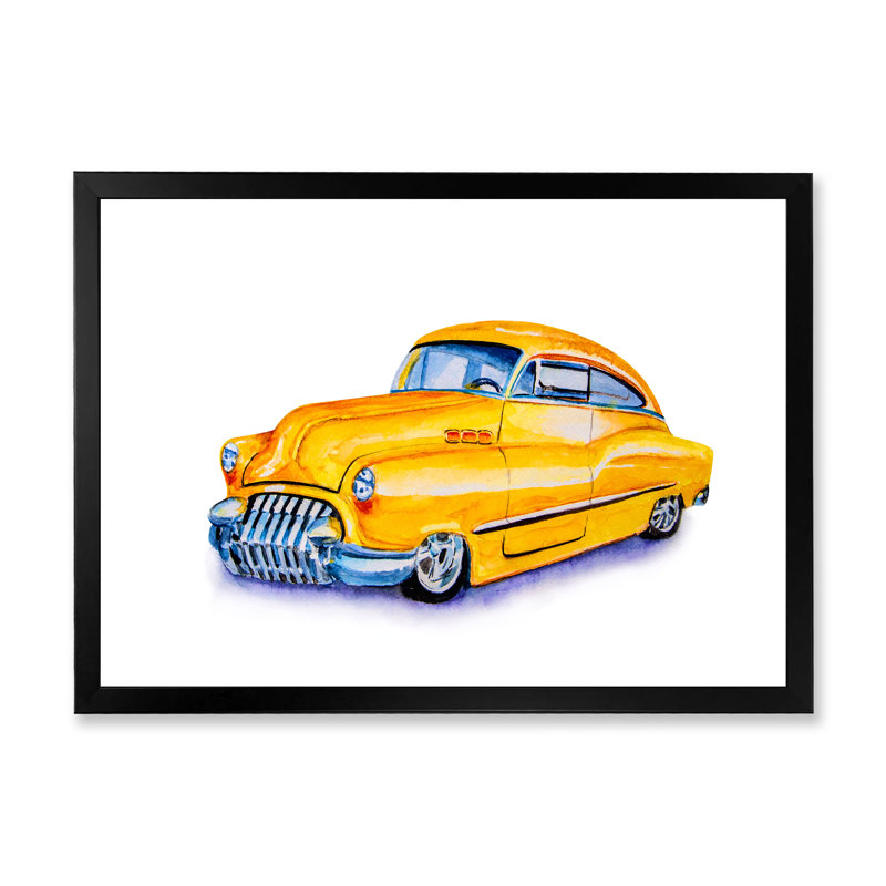 Voiture rétro jaune - peinture sur toile, H 25,5 po x l 33,5 po, Cadre noir