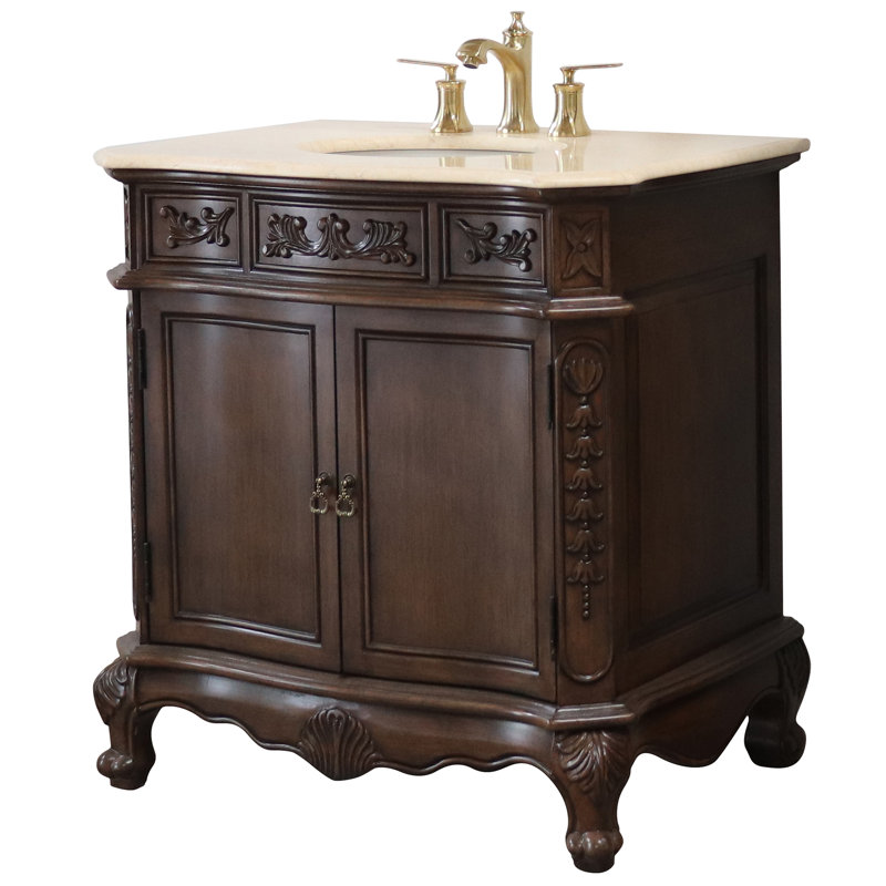 Walnut Wood Single Bathroom Vanity with Cream Marble Top