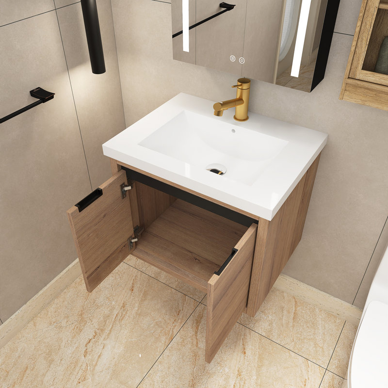 Hajera 23.6'' Single Bathroom Vanity with Resin Top, Imitative Oak