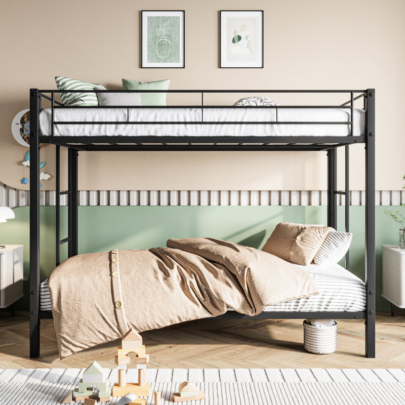 Lit superposé en métal simple au-dessus de simple, matelas confortable - noir avec garde-corps sans sommier