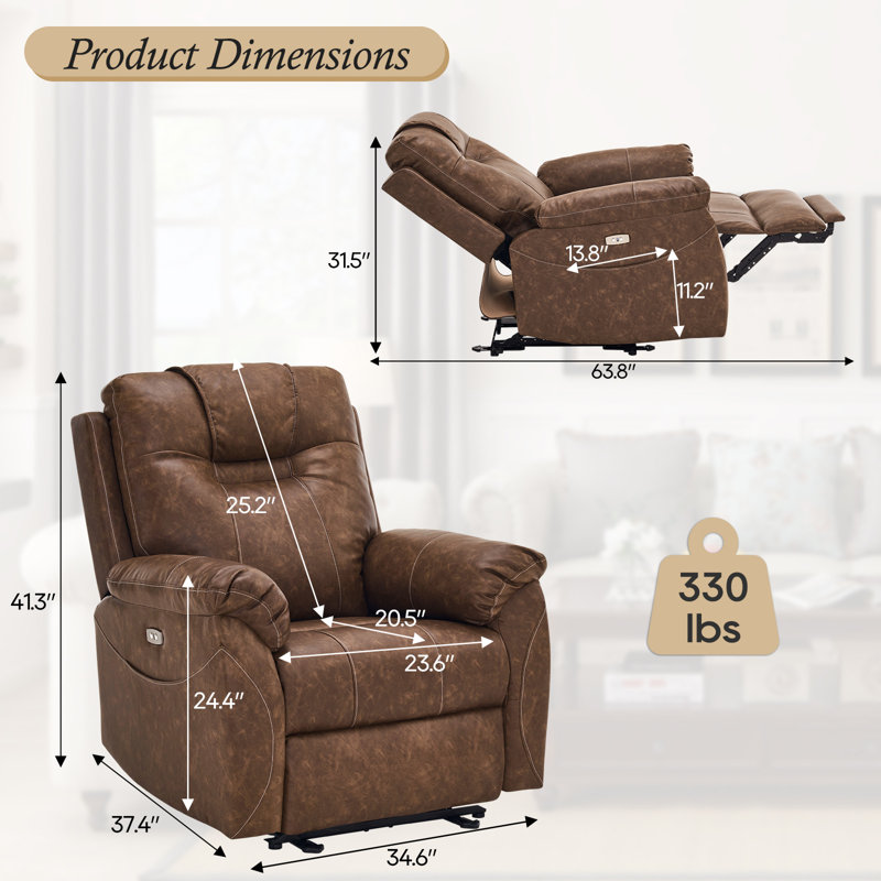 Fauteuil inclinable électrique Edinaud en similicuir avec chaleur et massage, ports de charge USB, repose-pieds allongé