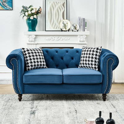 65" 2 Seater With Blue Velvet Upholstery, Rolled Arms, Nailhead, Mid Century Modern Design, Solid Pine Wood, High - Density Foam + Spring Packs, Medium Soft Seat, For Office Roll Armrest, Wood Frame,