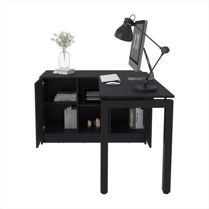 Bureau d'ordinateur spacieux de 72 pouces avec conception rotative réglable et rangement intégré, fini en panneau de particules noir élégant