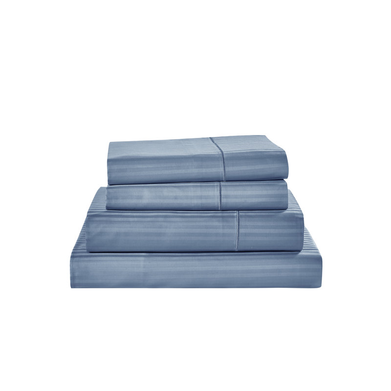 Classic Blue Cotton Damask Stripe Full Sheet Set