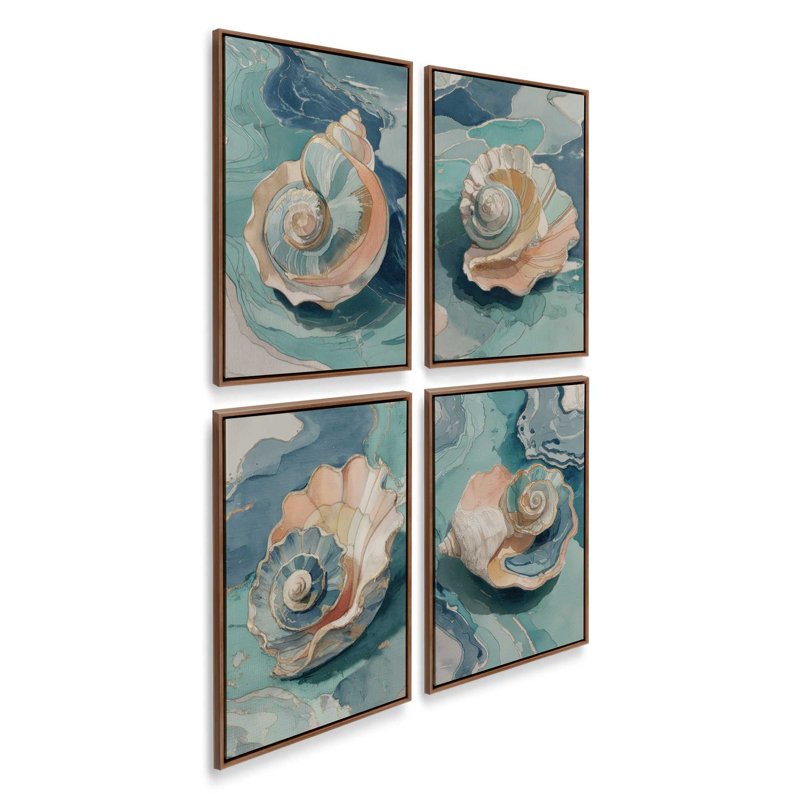 «Shell Yeah Calm», ensemble de 4 impressions, 48 po x 32 po, Toile avec cadre, Noyer