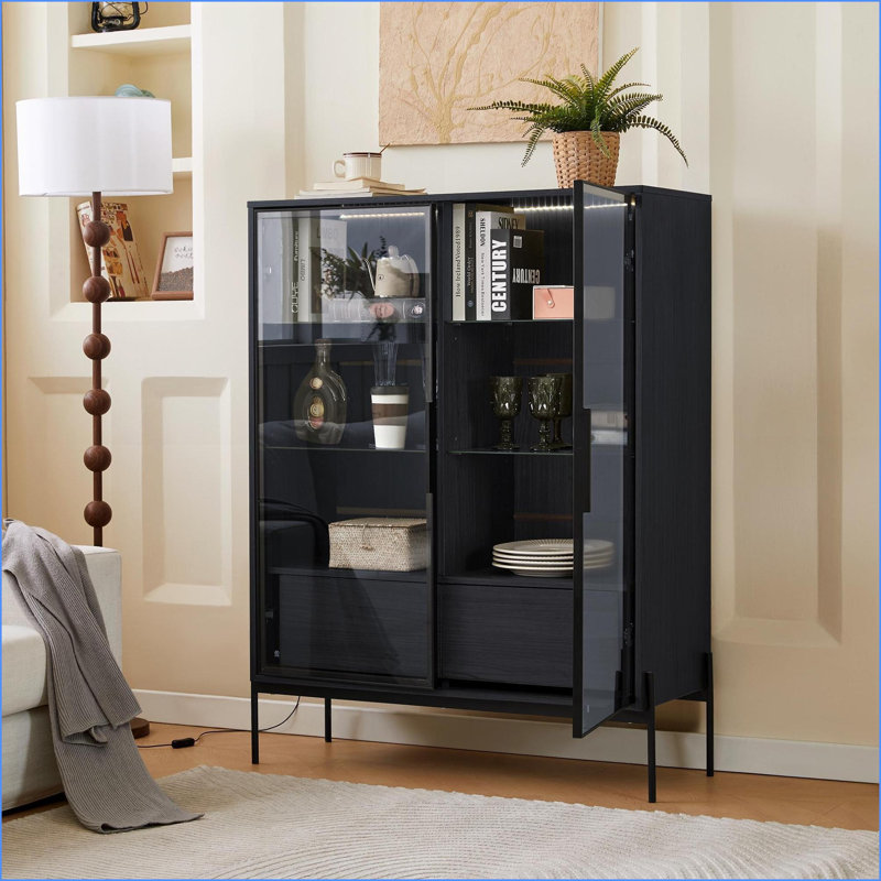 Cabinets, 51.2'' Contemporary Display Cabinet with LED Lights, 4 Adjustable Glass Shelves, 2 Drawers, Black | Aluminum MDF | Hallways