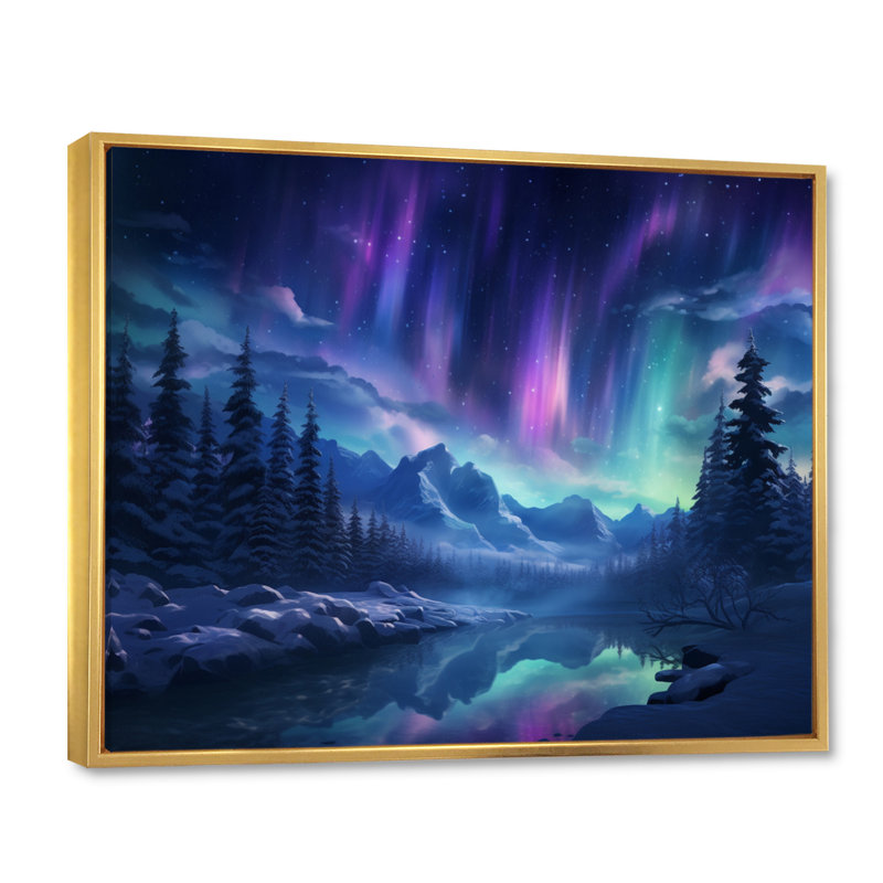 Northern Lights I - aurore boréale, art mural pour le salon, H 12 po x l 20 po x P 1 po, Cadre flottant doré