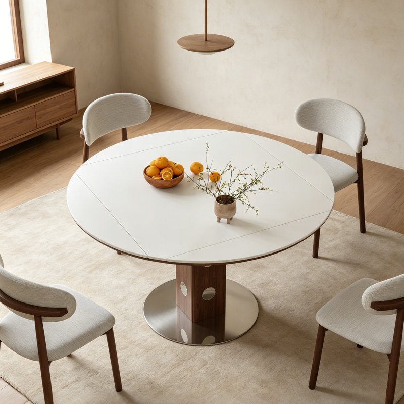 47.2" Modern Sintered Stone Drop Leaf Dining Table, Extendable Round Space-Saving Table with Solid Wood Pedestal Base