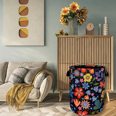 Abstract Colorful Flowers Laundry Hamper Pretty Floral Laundry Basket With Handles Foldable Oxford Cloth Tote Bag Clothes Toy Storage Bucket 18.9" X 16.5" For Bathroom/Laundry/Bedroom