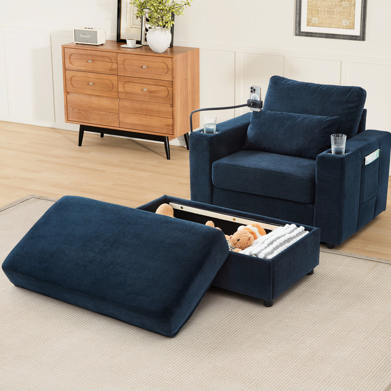 Fauteuil compact bleu avec porte-gobelet mobile, double charge et poches latérales pour petits espaces, Bleu