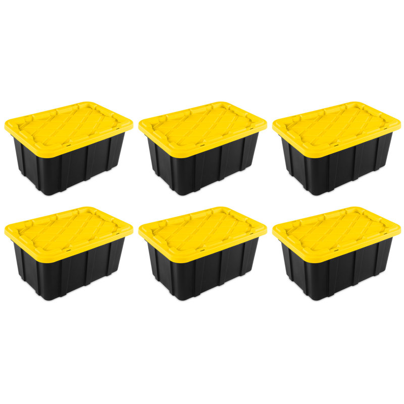 Sterilite Industrial Stackable Storage Tote Lidded Containers, 17 Gallon, 6 Pack, Black/Yellow