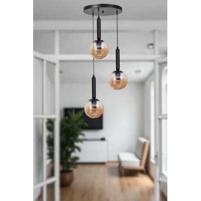 Élégant lustre miel et noir, structure en métal, 11,8 x 5,9 pouces | Hauteur réglable jusqu'à 31,5 pouces | 3 ampoules E27 de 40 W maximum (ampoule non incluse) | Luminaire élégant pour le décor du salon et de la salle à manger