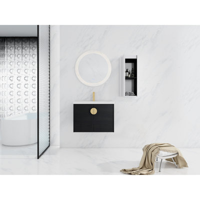 Bathroom Vanity With Ceramic Sink And Side Shelf - Black Chestnut, Modern Configuration Unit 28" Cabinet Creation