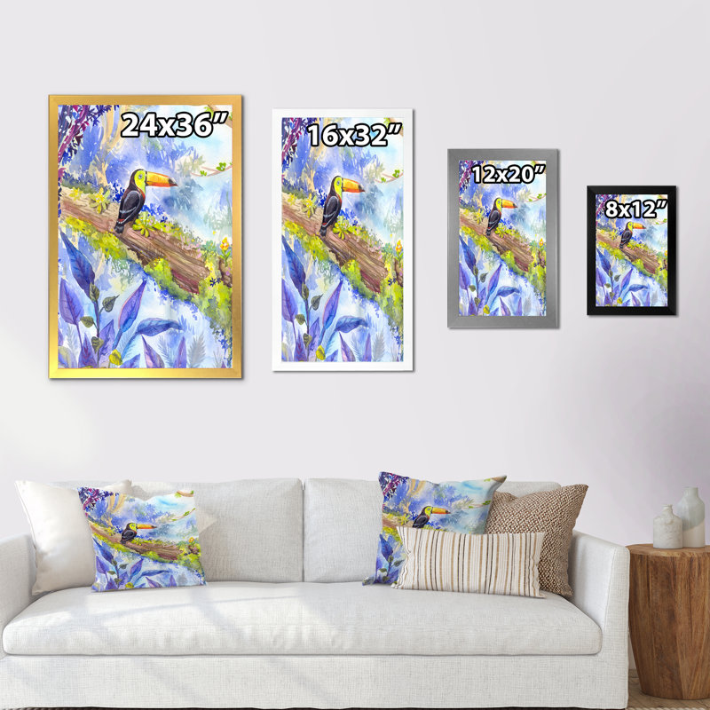 Toucan tropical dans la forêt - œuvre d'art traditionnelle sur toile, Cadre photo noir, H 20 po x l 12 po x P 1 po
