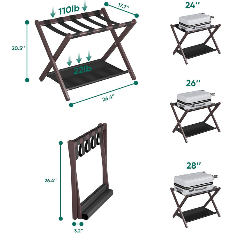 Foldable Suitcase Stand With Storage Shelf, Brown