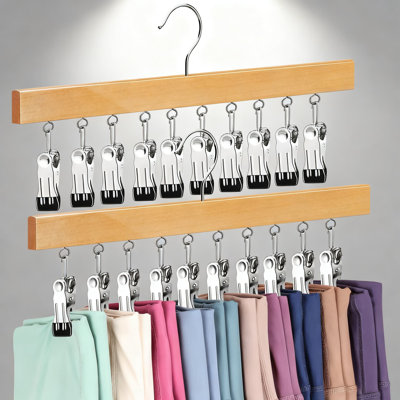 Space-Saving Legging Organizer With 360° Rotating Hangers, Holds 20 Pants, Jeans, Shorts, Hats, Socks, Anti-Slip Clips, Wooden Closet Storage Solution