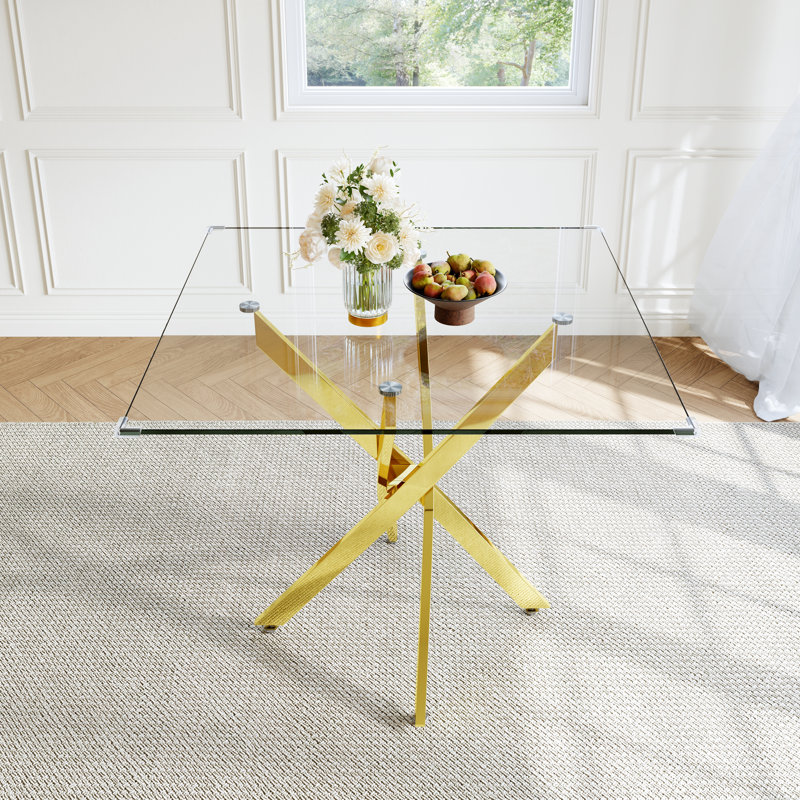 Square Dining Tempered Glass Dining Table With Stainless Steel Legs, Gold