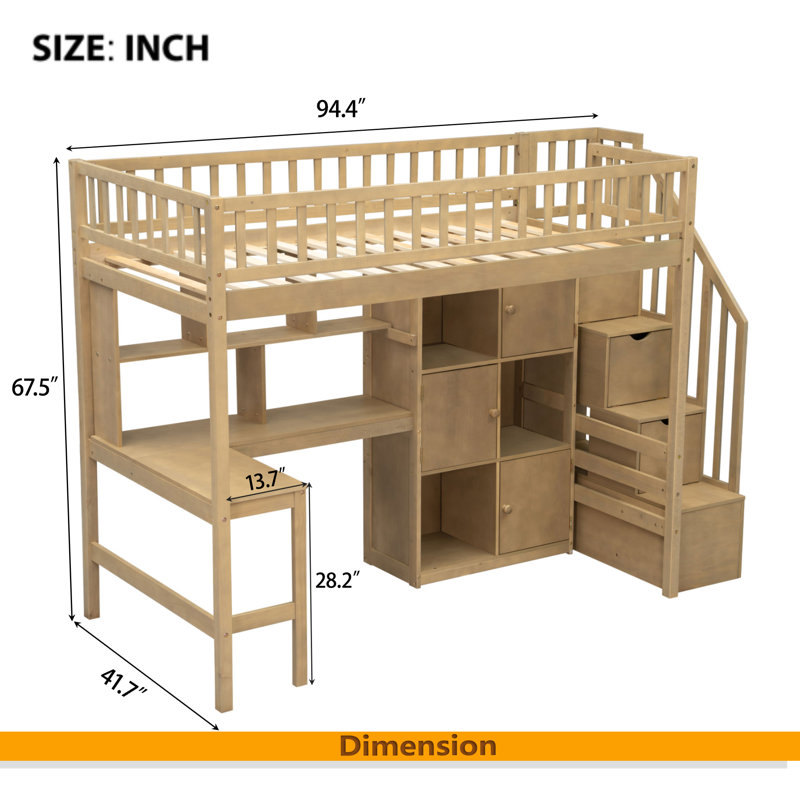 Lit mezzanine simple en bois avec bureau intégré, DEL, tablettes de rangement, armoires et escalier, Noyer