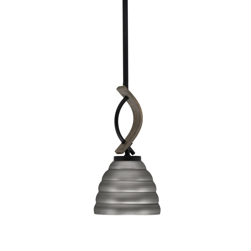 Mini-luminaire suspendu avec tige de métal Hallmann avec abat-jour en métal de 6 po, Noir mat / bois patiné peint
