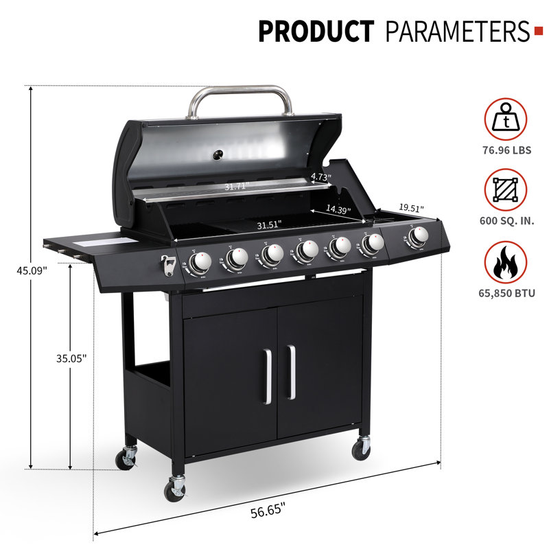 Barbecue au gaz propane à 6 brûleurs de 65 850 BTU avec brûleur latéral (version améliorée)