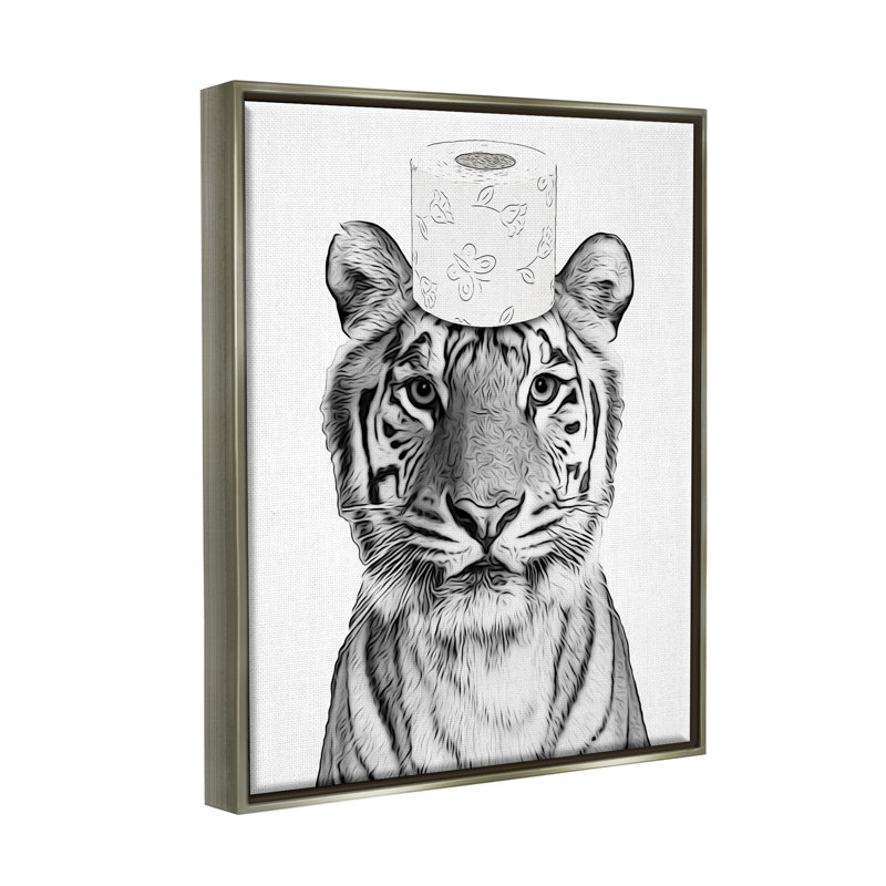 Toile de tigre, salle de bain grise encadrée par Annalisa Latella, H 21 po x l 17 po x P 1,7 po, Cadre flottant gris lustré