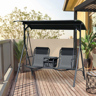 Balancelle de patio 2 places Outsunny, balançoire à baldaquin d'extérieur avec table de rangement pivotante, porte-gobelet, abat-jour réglable, siège de suspension et structure en acier résistant aux intempéries, noir
