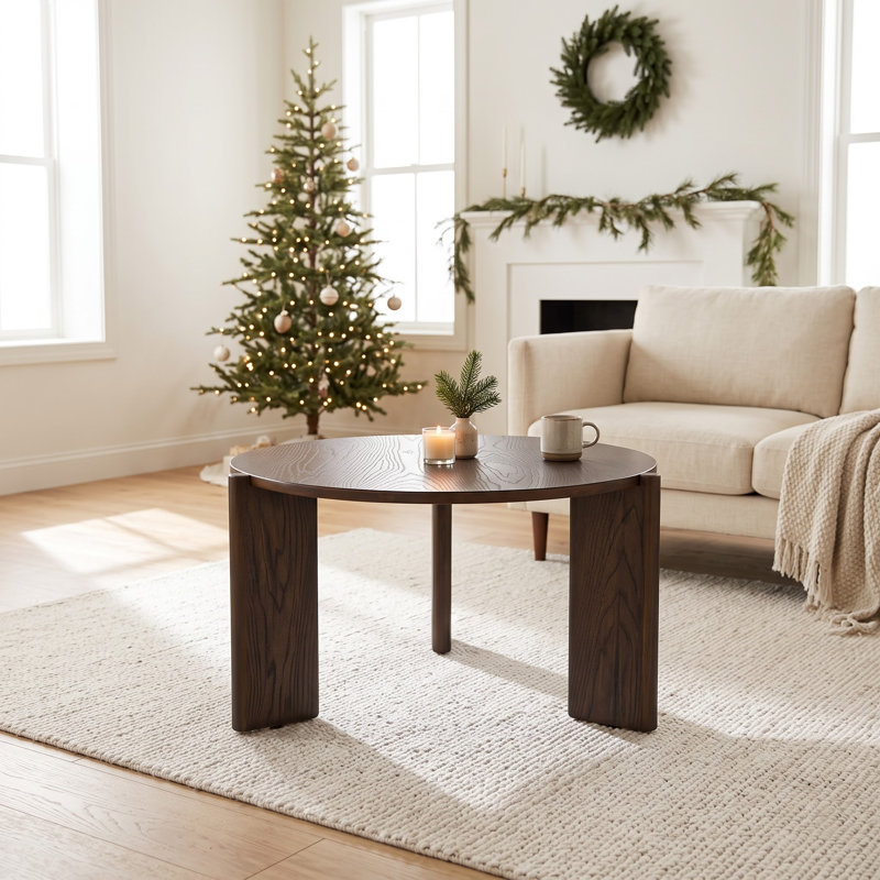 Table basse ronde ronde en bois massif Claremont, Noyer foncé