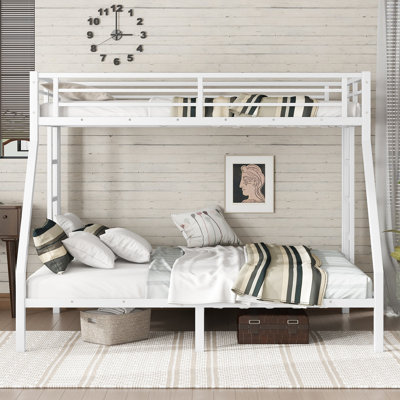 Metal Twin XL Over Queen Bunk Bed for Adults and Teens, Noise-Free Frame, Storage Space, White, No Box Spring Needed