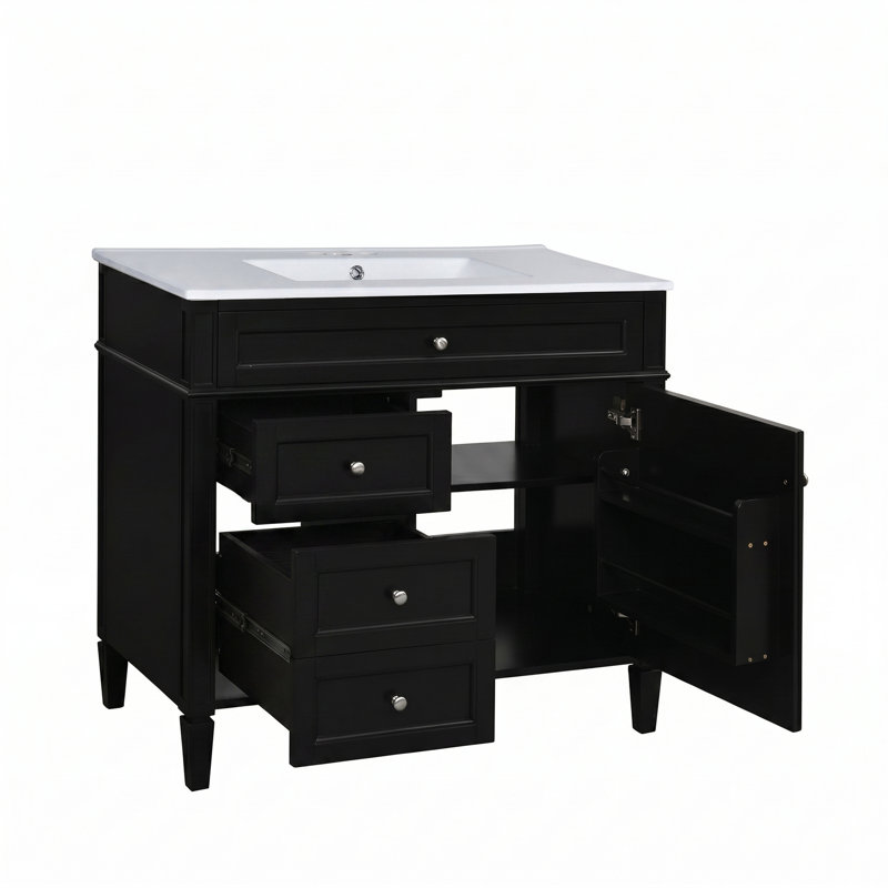 Meuble-lavabo autoportant 36 po en bois aggloméré avec lavabo en céramique blanc, armoire de salle de bain noire avec 2 tiroirs, tablettes de porte réglables et tiroir basculant