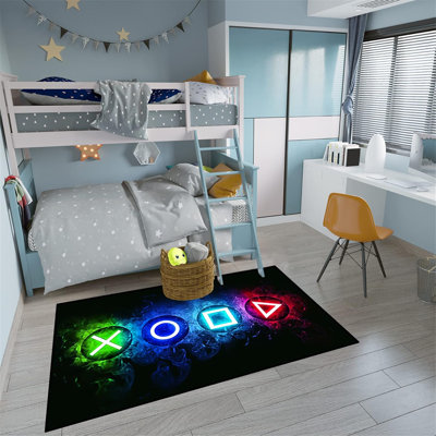 Black Video Game Rug - Gaming Carpet For Boys Teens' Bedroom Game Room Decor, Kid-Friendly Gamer Floor Mat