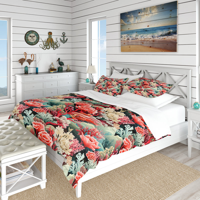 Ensemble de housse de couette rose et bleu corail, Housse de couette simple + 1 taie décorative stan