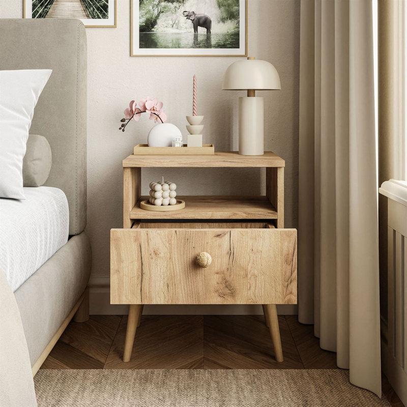 Zion 44cm W Manufactured Wood Bedside Table, Gold Craft Oak