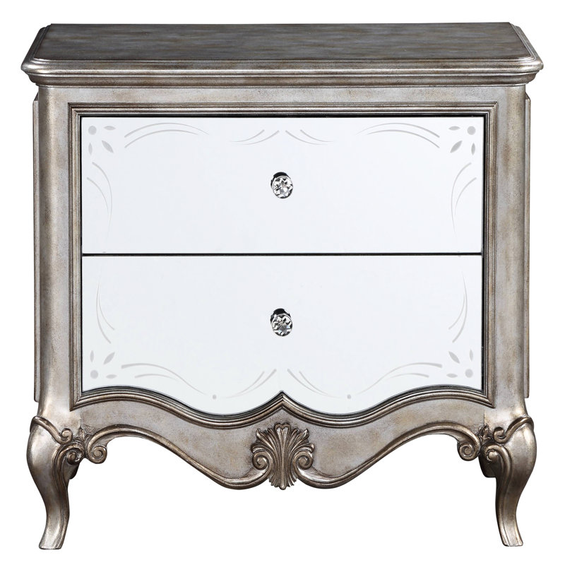 Table de chevet moderne en champagne antique - 2 tiroirs, table de chevet à miroir avant