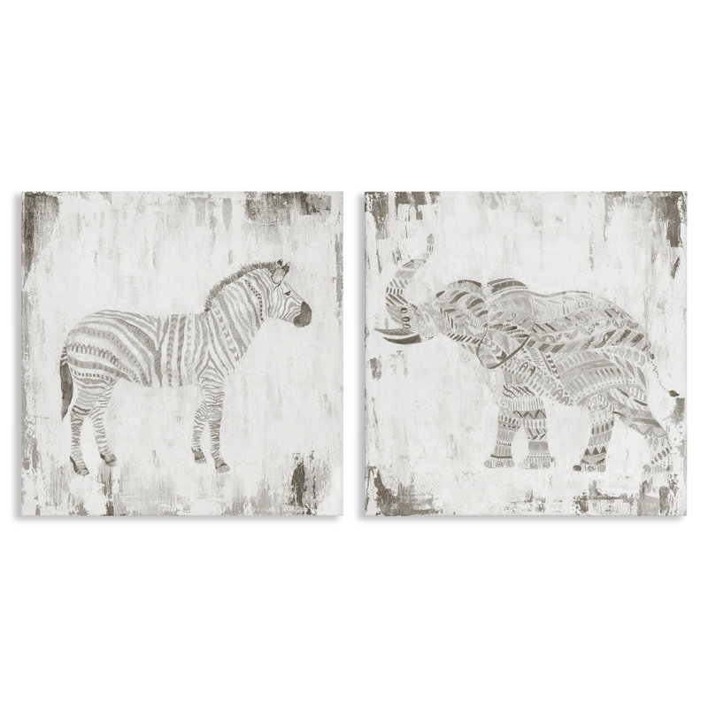 "Zebra & Elephant Boho Stripes", ensemble de 2 toiles murales, design par Janet Tava, H 24 po x l 24 po