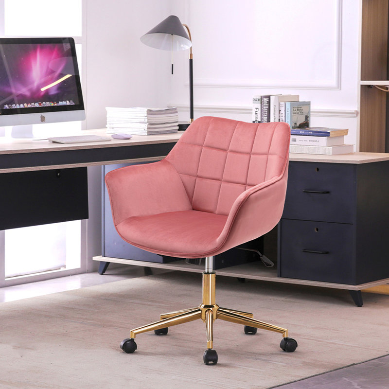 Ergonomic Velvet Upholstered Adjustable Height Swivel Casters Arms Included Metal Base Schick Task Chair, Pink