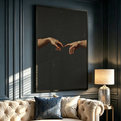 24" x 36" Black Framed Canvas Wall Art Two hands reaching towards each other, [Art Style/Medium]: Realistic oil painting style. Print on Canvas for Living Room Bedroom
