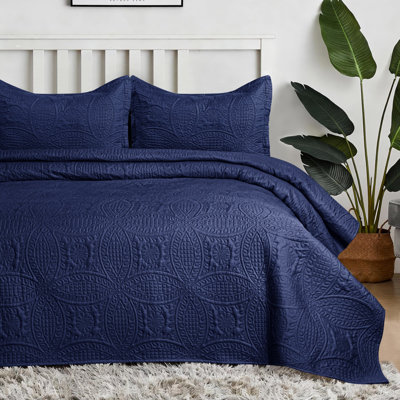 Couvre-lit matelassé à pièces, grand lit/queen – Literie réversible ultra douce, confort toutes saisons, couette légère surdimensionnée avec 2 taies d'oreiller (bleu marine)